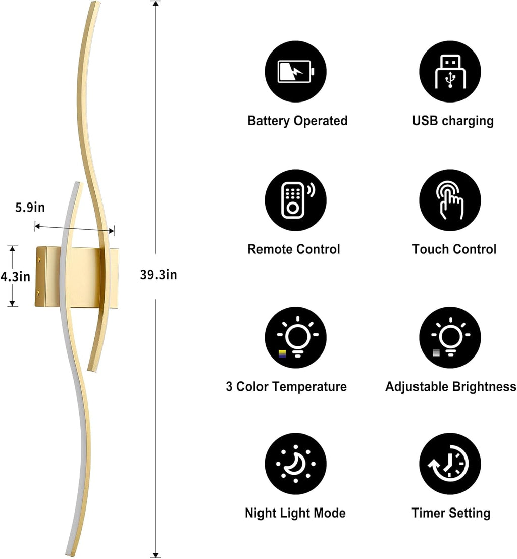 Battery Operated Wall Sconces with Remote Control, Dimmable/3 Colors/Night-Light/Timer/Memory, Gold Modern Wireless LED Sconce for Living Room, Hallway, Bedroom, 39.3 Inch (1 Pack)