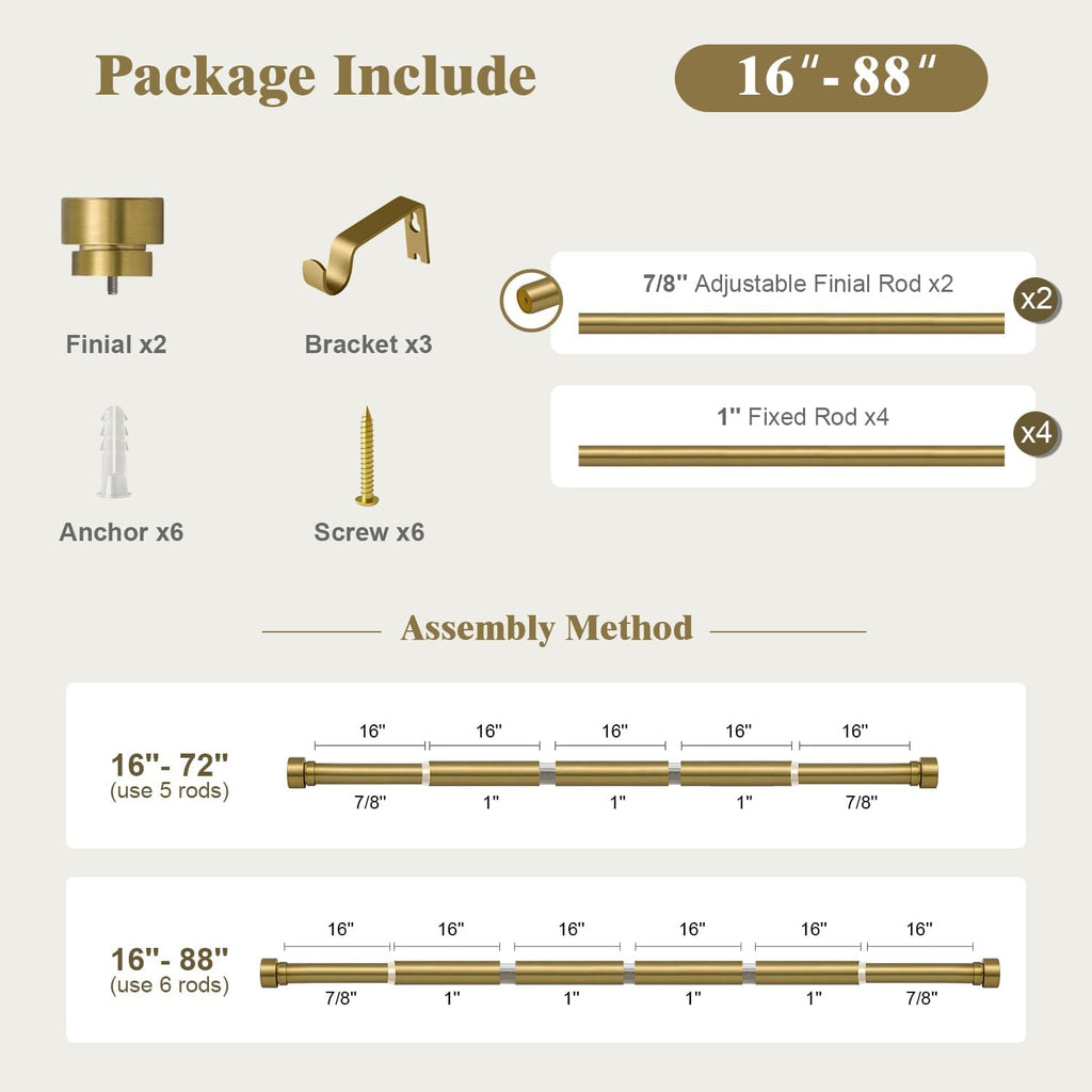 Oneach Curtain Rods for Windows 48 to 84 Inch, 1 Inch Pole Adjustable Curtain Rod with Easy Installation and Modern Design (Antique Gold, 16 to 88 Inch)
