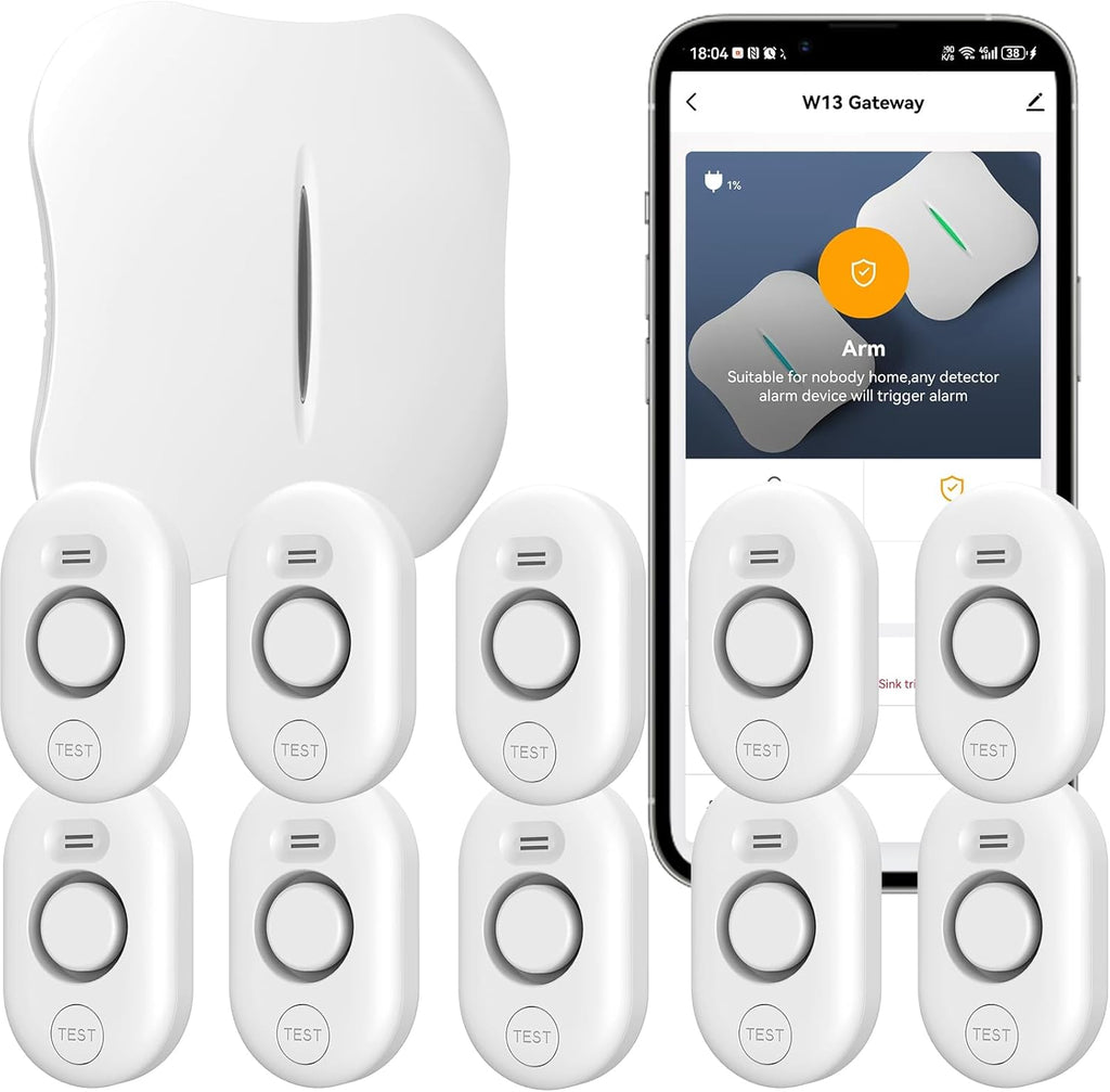 WiFi Water Leak Detector for Home with App Notification, 1 Gateway+10 Sensor, 120dB Flood/Drip Alarm for Basement/Kitchen/Bathroom/Toilet/Laundry Room, Under Sink/Drain/Pipe Leakage, W13+WD61x10-White