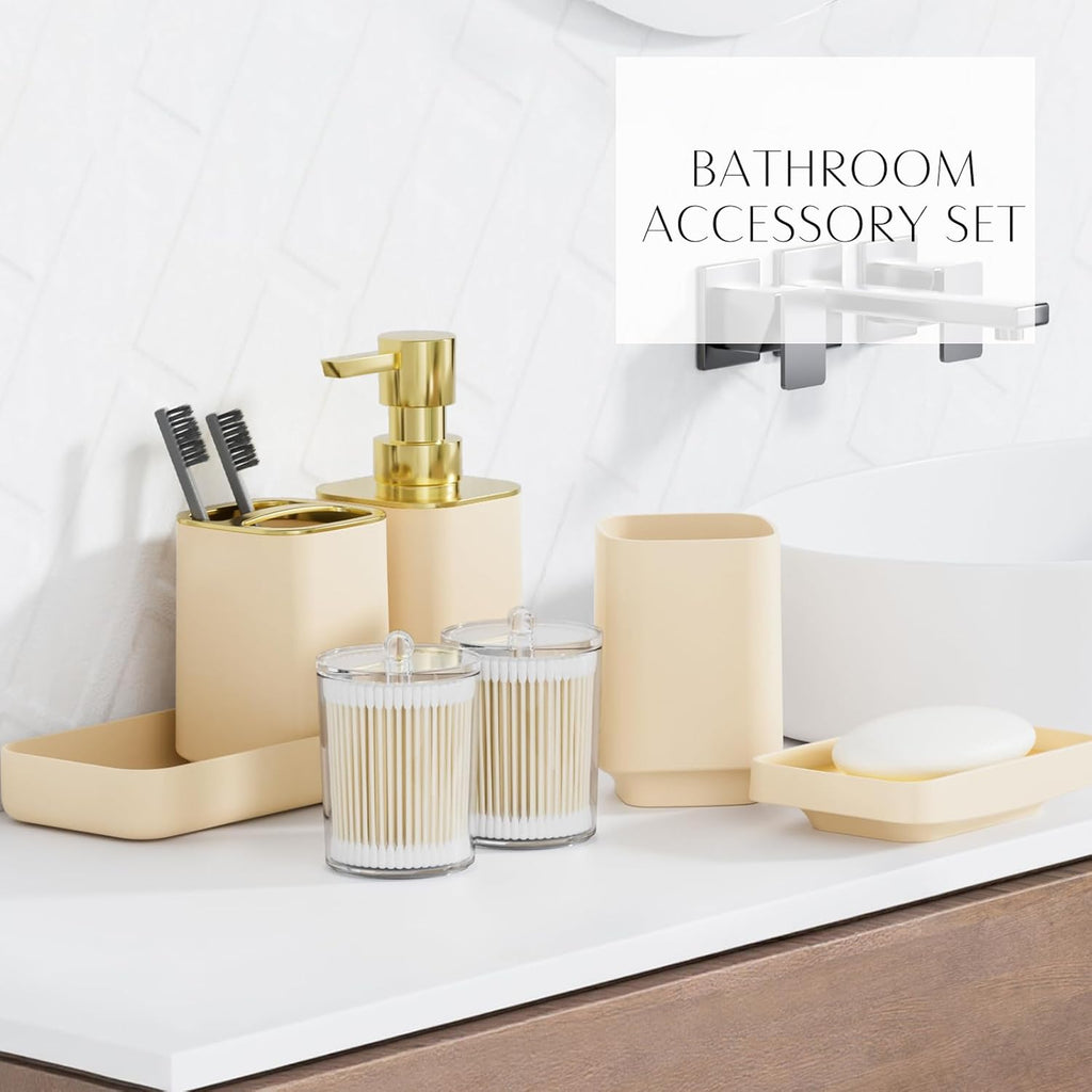 25PCS Bathroom Accessory Set, Beige Bathroom Set with Large-Capacity 4 Gallon Trash Can,Bathroom Rugs Set, Waterproof Shower Curtain, Toilet Brush, Toothbrush Holder & Soap Dispenser