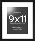 Homeforia 9x11 Black Wood Picture Frame, High End Oak 9 x 11 Frames with Mat 6 by 8 Print, 9by11 Black Wooden Frame Matted to 6x8 inch Photo, Wall or Tabletop Frame, Tempered Glass, Wall Kit, Set of 1