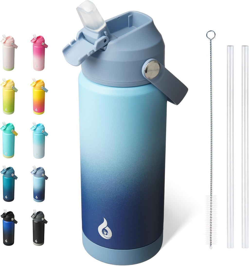 BJPKPK Insulated Water Bottle with Straw Lid, 18oz Thermo Water Bottles with Soft Nozzle, Flex Handle & Non-slip Boot, BPA Free Leak Proof Stainless Steel Metal Thermo, Tumblers, Cups,Sky