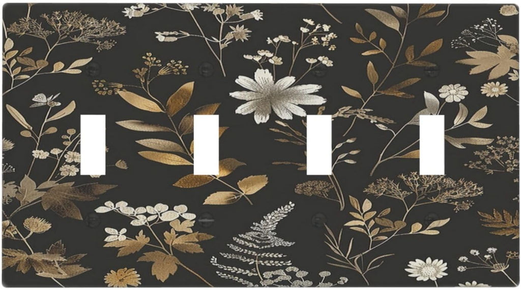 Light Switch Covers Black Gold Floral Dark Leaves Vintage Flowers Quad Toggle Electrical Faceplate 4 Gang Wall Plate Decorative Switch Plates for Bed Room Home Decor