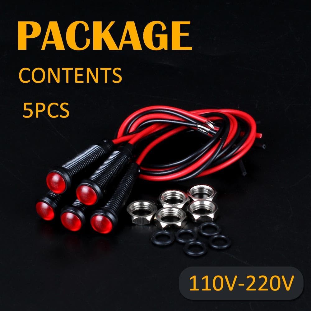 5pcs 6mm LED Indicator Light Plastic Black Signal Dot Lamp 110-220V AC 1/4" Mounting Hole Size with 15cm/5.9in. Wire (Red LED)