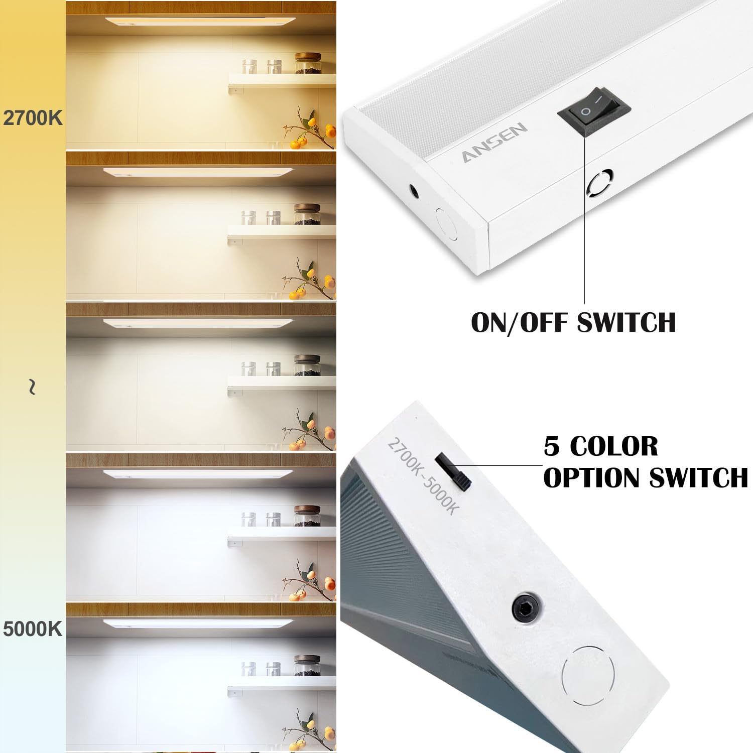 Ansen 48inch 26w 1720lm Hardwired Under Cabinet Lights, 5CCT 2700K-5000K, CRI 92+, R9 90+, UGR Lower Than 16, LED Dimmable Under Counter Lighting for Kitchen