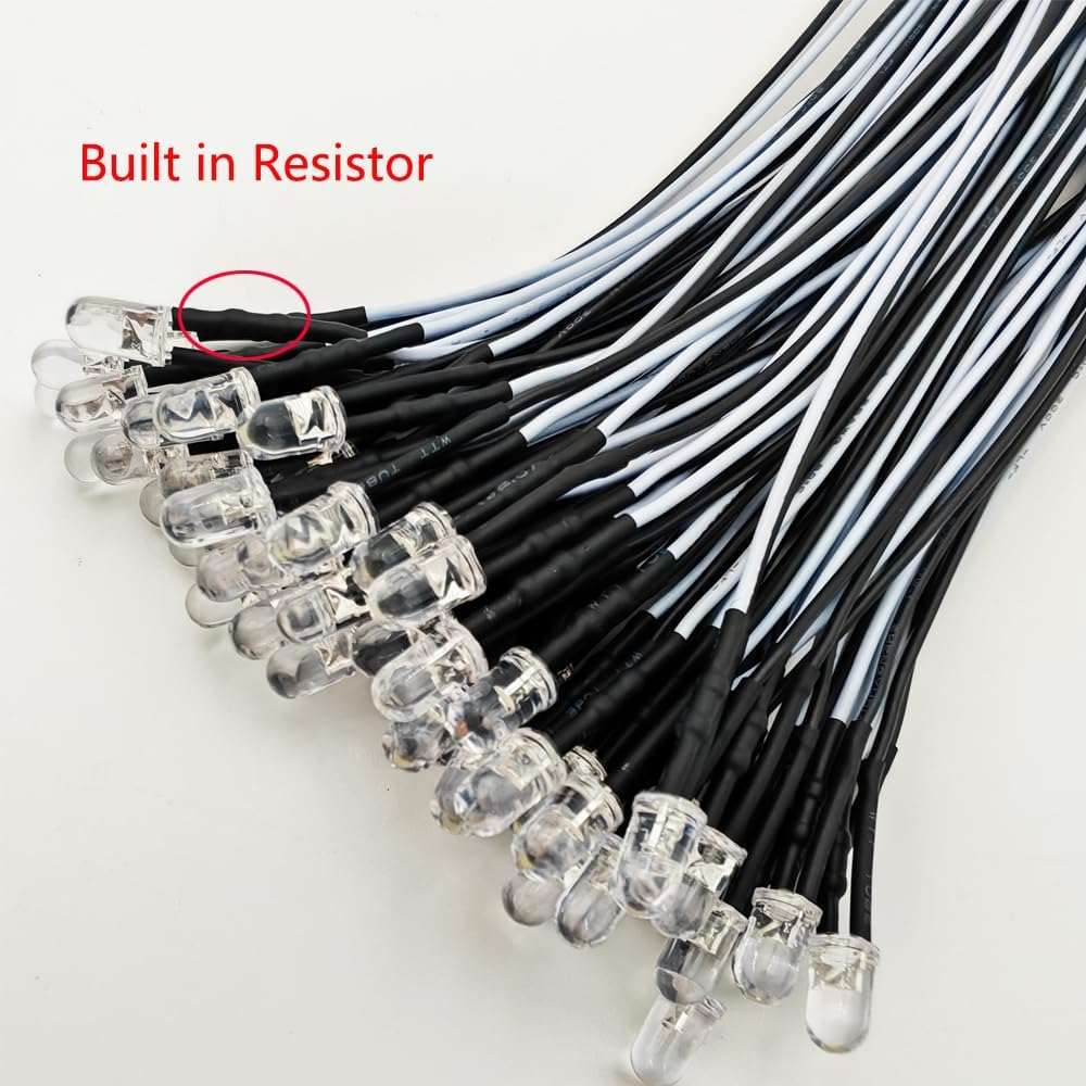 50pcs 110VAC 5mm White LED Lights Emitting Diodes, Prewired 7.9 Inch V LED Light Diffused Colored Lens Small LED