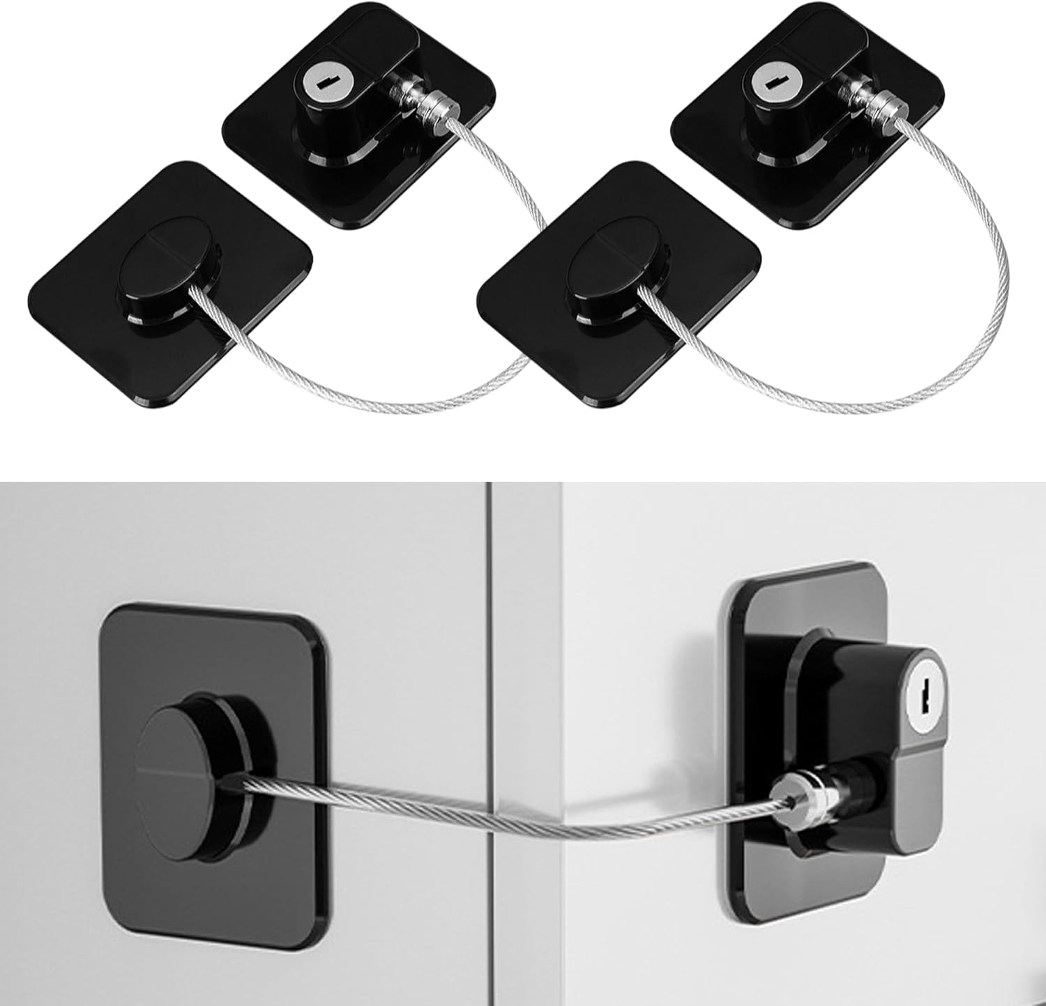 Refrigerator Lock (2 Pack), Fridge Locks with 2 Keys, Child Safety Lock, Baby Proof Cabinet and Drawer Locks, Freezer Latch for Double Door, French Door (Upgraded Black)