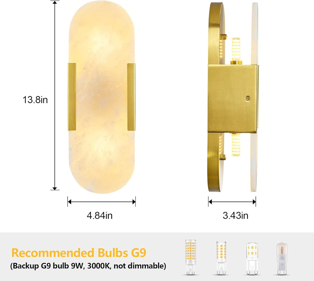 Brass Alabaster Wall Sconces Set of Two, Modern Natural Marble Wall Sconces for Indoor Lighting, 13.8 in Gold Wall Lights for Bathroom Dining Room Stairs Bedroom