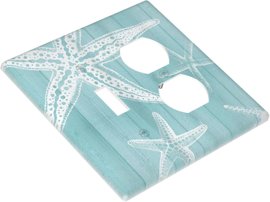 Decorative Outlet Covers Starfish Teal Wood Board Nautical 2 Gang Light Switch Cover Plate Single Toggle Duplex Wall Plates for Electrical Outlets Switch Plate Covers for Bedroom Home Decor