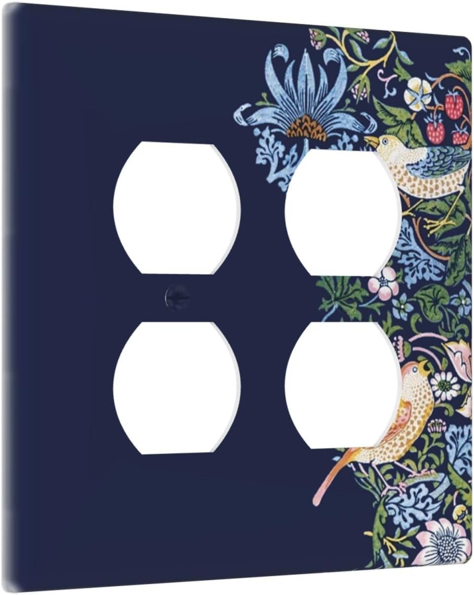 Decorative Outlet Covers Vintage Blue Morris Strawberry Thief Bird Flower 2 Gang Wall Plate Cover Double Duplex Receptacle Two Switch Light Switch Cover Plate Faceplate