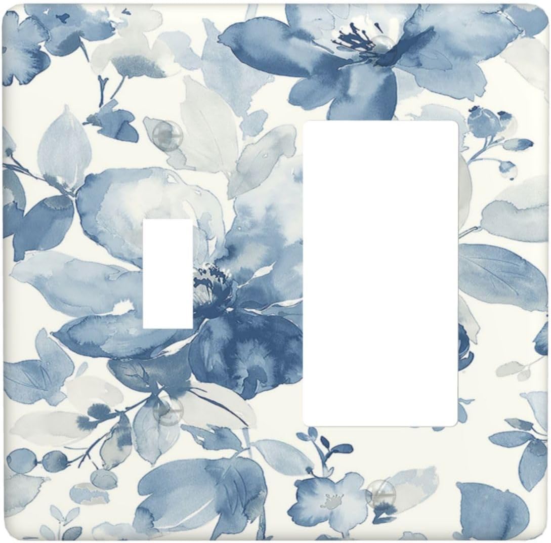 Outlet Covers Blue Watercolor Floral 1 Toggle 1 Rocker Combination Decorative Wall Plate Electrical Switch Plates Light Switch Cover Plate for Bedroom Bathroom Decor