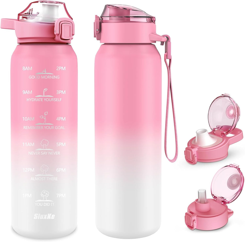32oz Insulated water bottle with 2 Lids (Straw and Chug Lid), 18/10 Stainless Steel Water Bottle BPA Free, Double Wall Vacuum Wide Mouth Insulated Water Bottle for Men, Women & Kids PINK WHITE
