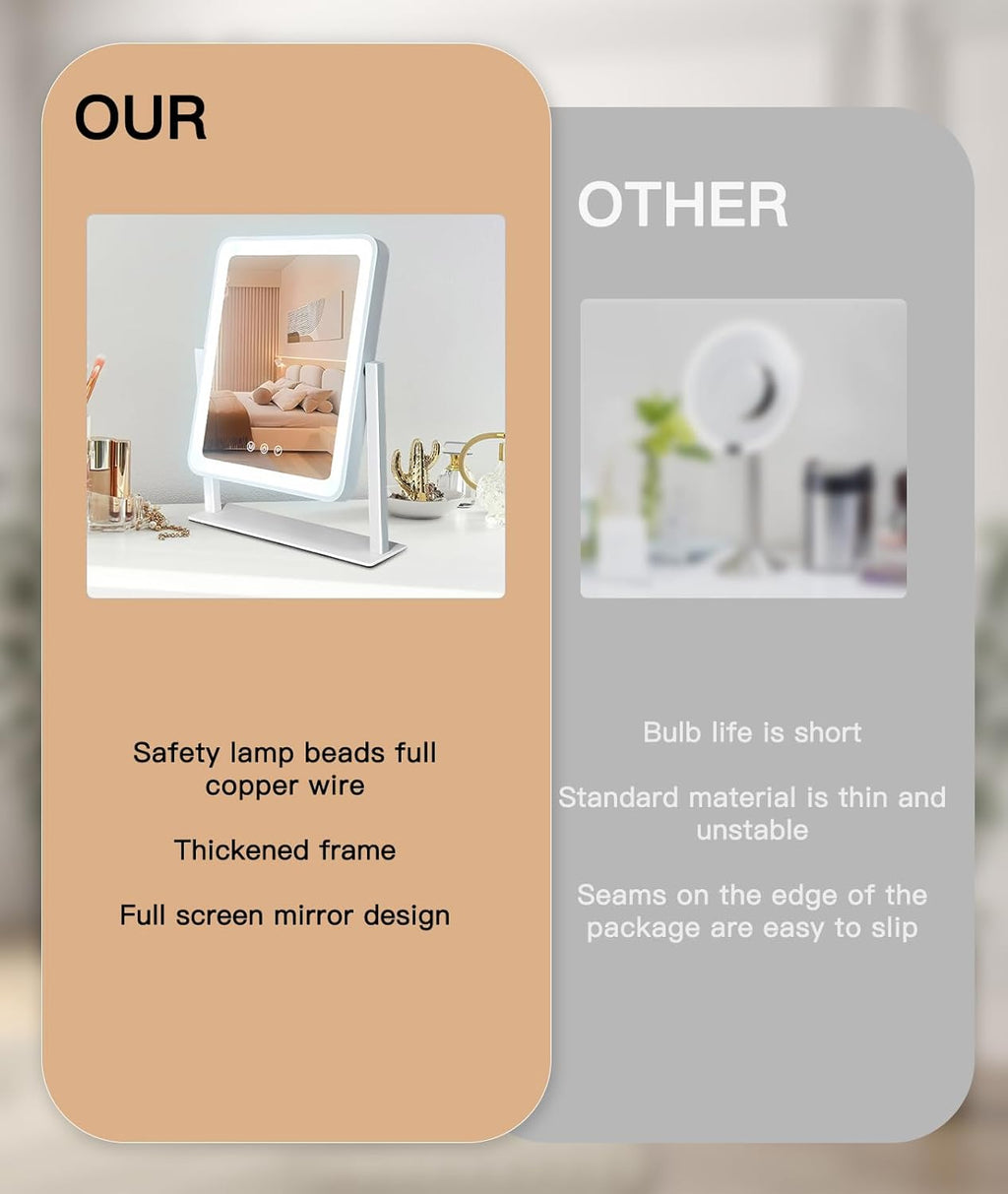 Lighted Makeup Mirror, Hollywood Vanity Mirror, 3 Color Lighting Modes, 360° Rotation, HD Glass Mirror, and 10X Magnification Mirror Smart Touch Control for Home & Travel (White)