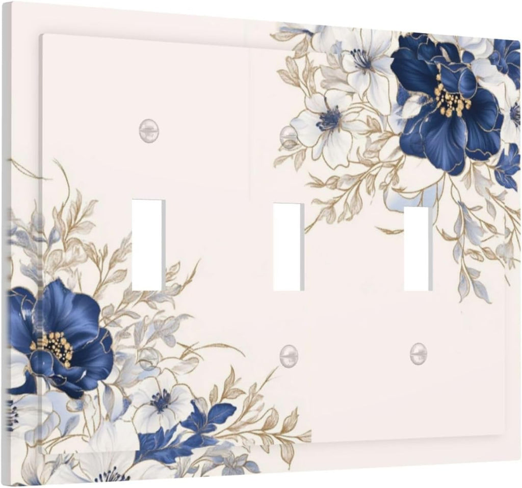 Decorative Light Switch Cover Plate Rustic Blue Beige Flower Peony Floral 3 Gang Wall Plates for Electrical Outlets Triple Toggle Switch Plate Covers Outlet Covers Faceplate for Bedroom Decor