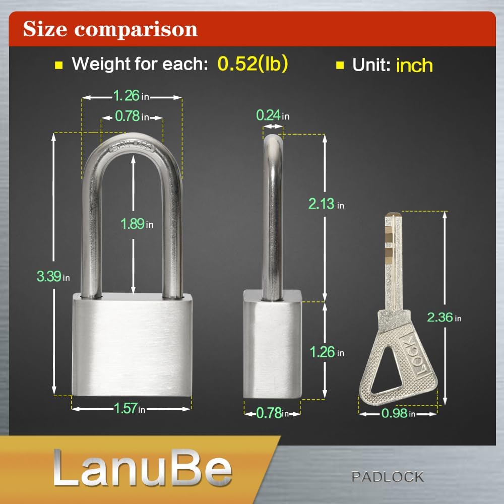 Lanube 304 Stainless Steel keyed Alike Marine Small Padlocks for Outdoor use, 1-9/16 inch Wide Body, Stainless Steel Body Long Shackle, Pack of 2
