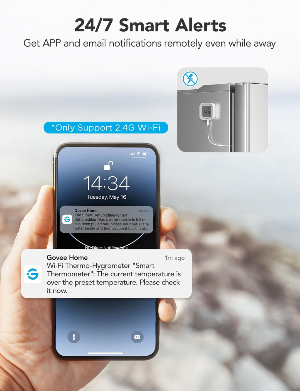 GoveeLife WiFi Refrigerator Thermometer with Alarm, Wireless Digital Freezer Temperature Gauge with App Control, LCD Display, 2 Years Free Data Export, for Fridge Hot Tub (Only Support 2.4G WiFi)