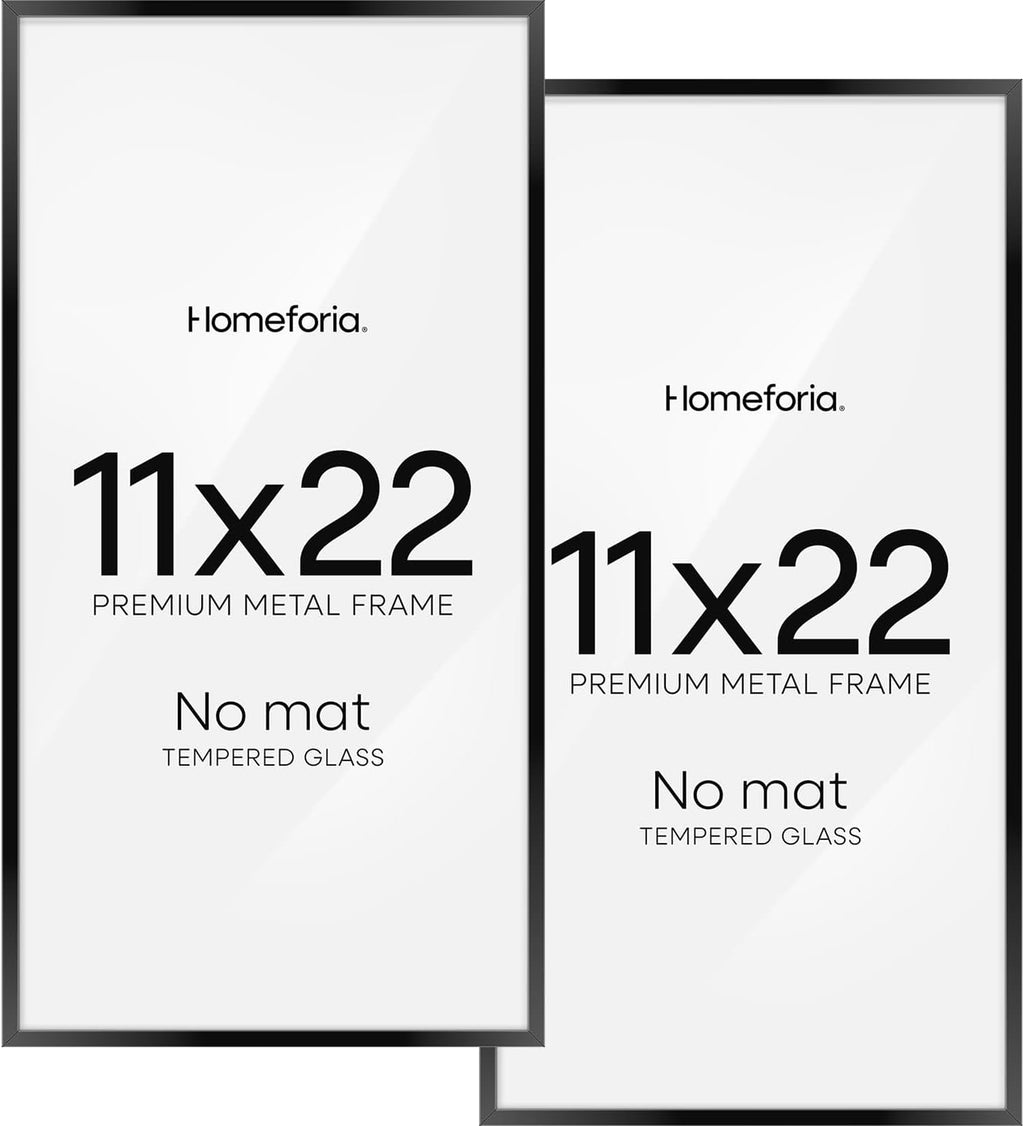 Homeforia 11x22 Black Newspaper Frame, High End Metal 11 x 22 Picture Frame without Mat, 22x11 Thin Black Poster Frames for Wall, 11by22 inches Display Photo Frames, Tempered Glass, Wall Kit, Set of 2