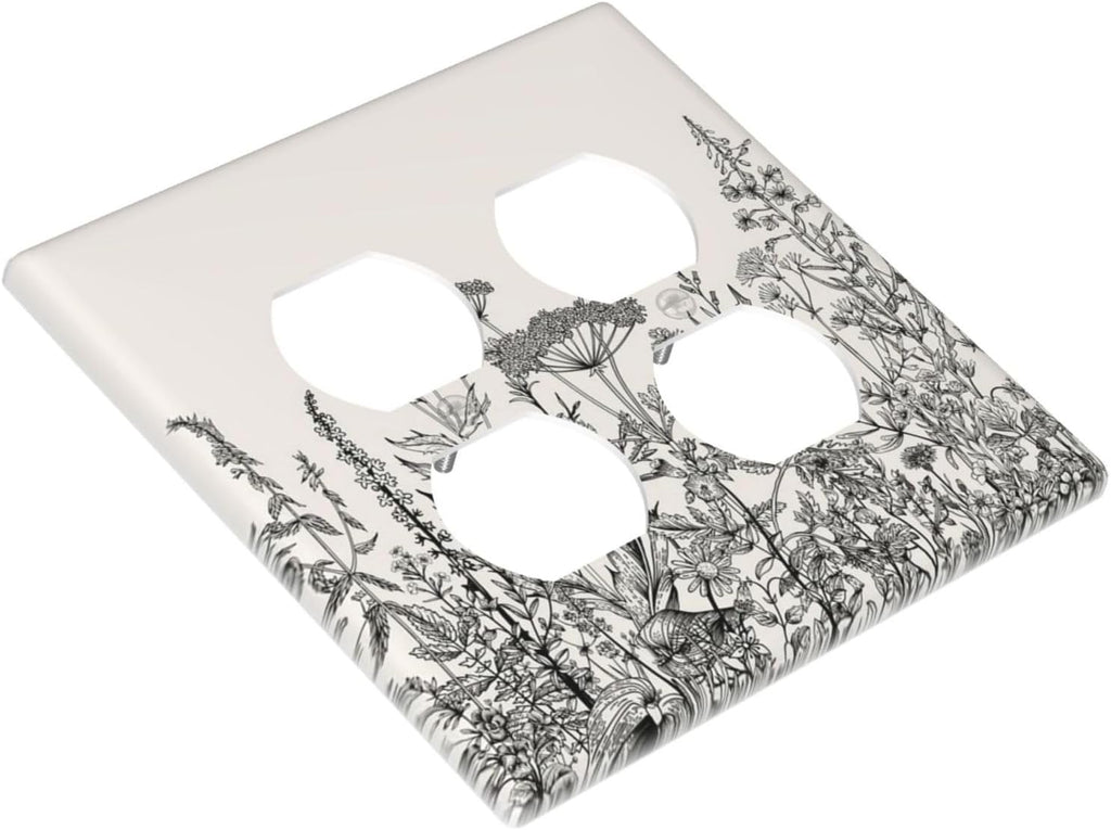 Decorative Outlet Covers Beige Skech Plant Leaves Flowers 2 Gang Wall Plate Cover Double Duplex Receptacle Two Switch Light Switch Cover Plate Jumbo Dual Faceplate for Home Decor