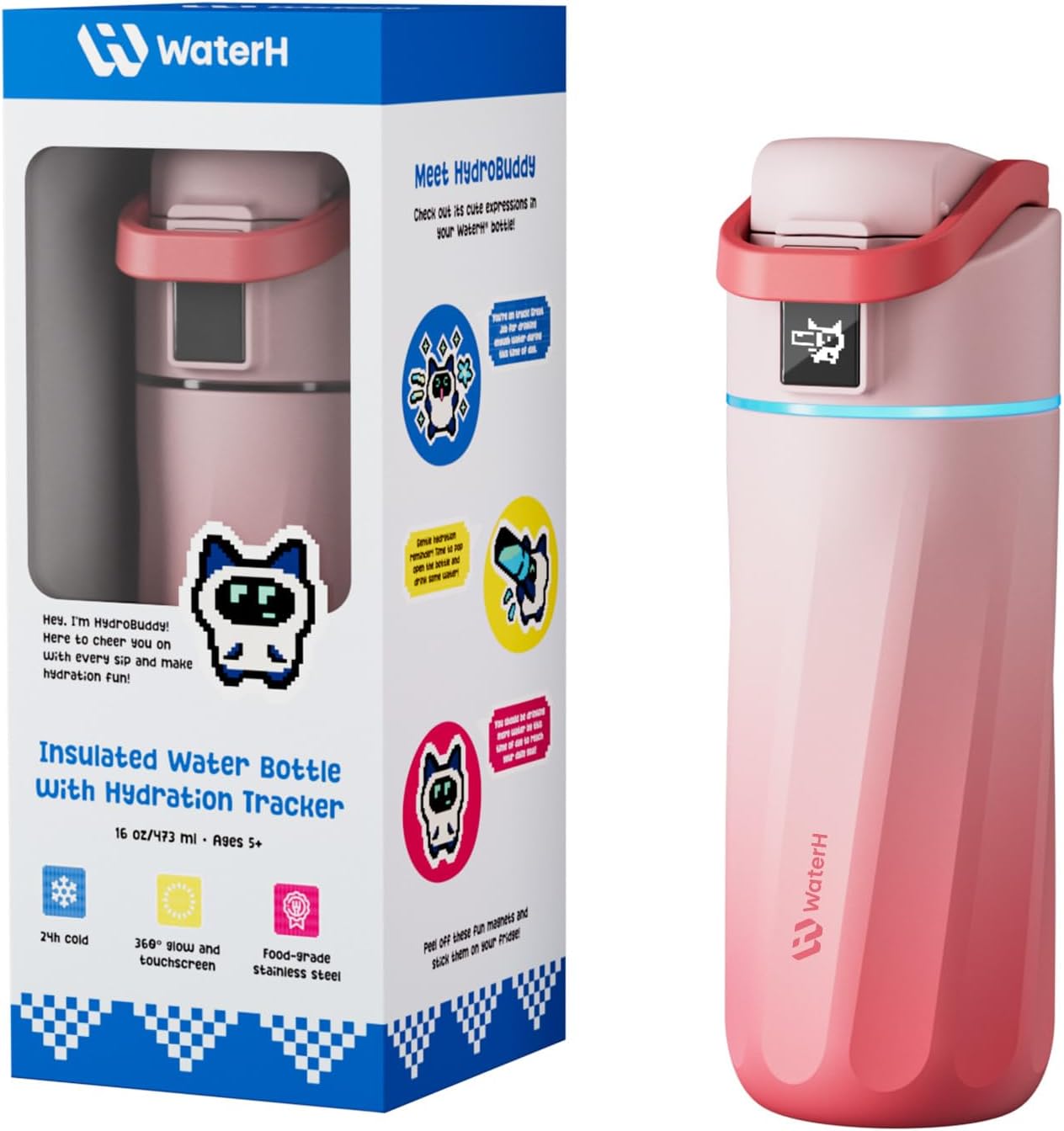 BOOST Smart Water Bottle with Reminder & Tracker, 16oz Kids Water Bottle for School, DIY Refrigerator Magnets, BPA-Free Vacuum Insulated Stainless Steel, Ideal Gift for Christmas, New Year