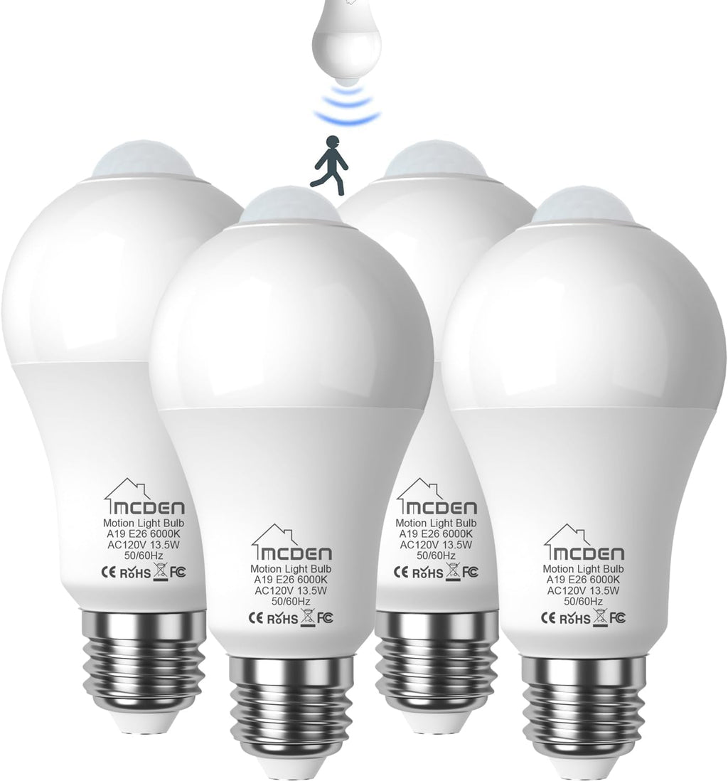 McDen Motion Sensor Light Bulb, Indoor Motion Activation Detector Light Bulb, E26 Base Dusk to Dawn Security Night Light 13.5W Equivalent 100W 6000K Daylight 4 Packs