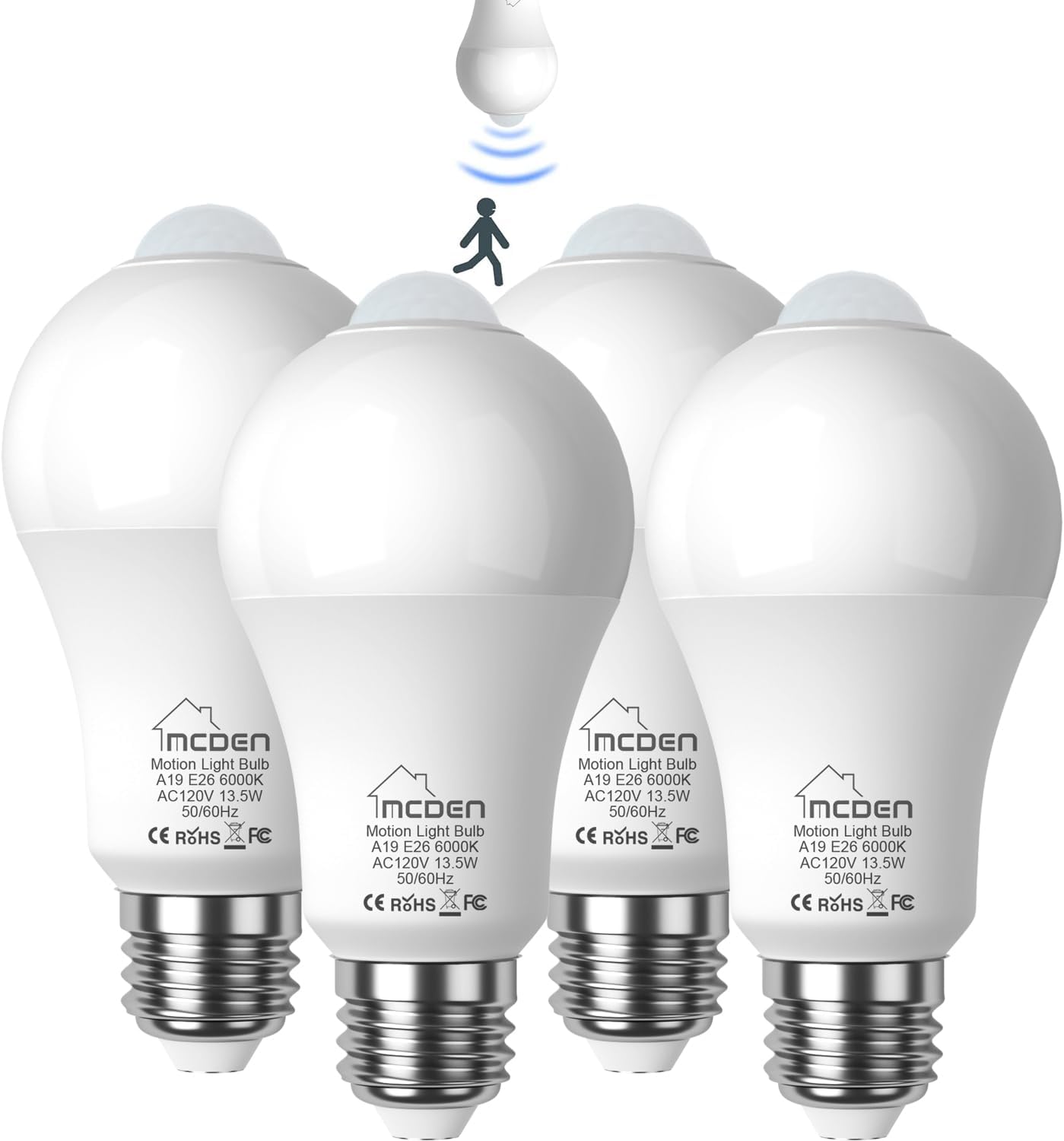 McDen Motion Sensor Light Bulb, Indoor Motion Activation Detector Light Bulb, E26 Base Dusk to Dawn Security Night Light 13.5W Equivalent 100W 6000K Daylight 4 Packs