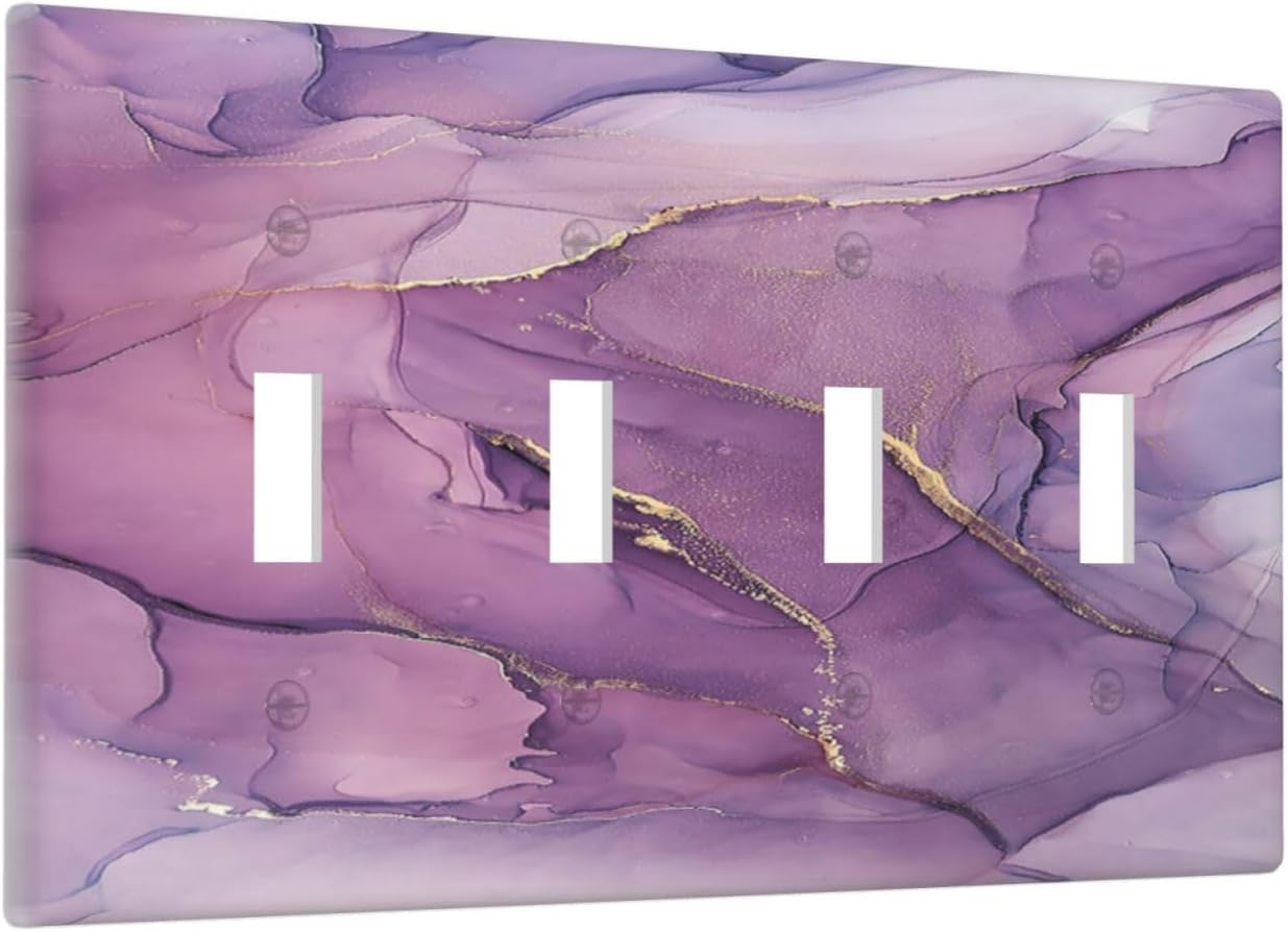 Light Switch Covers Purple Marbling Golden Line Quad Toggle Electrical Faceplate 4 Gang Wall Plate Decorative Switch Plates for living Room Bathroom Decor