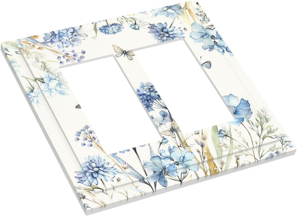 Decorative Outlet Covers Blue Floral Hydrangea Plants 2 Gang Double GFCI Rocker Electrical Wall Panels Light Switch Cover Plate for Bedroom Home Decor