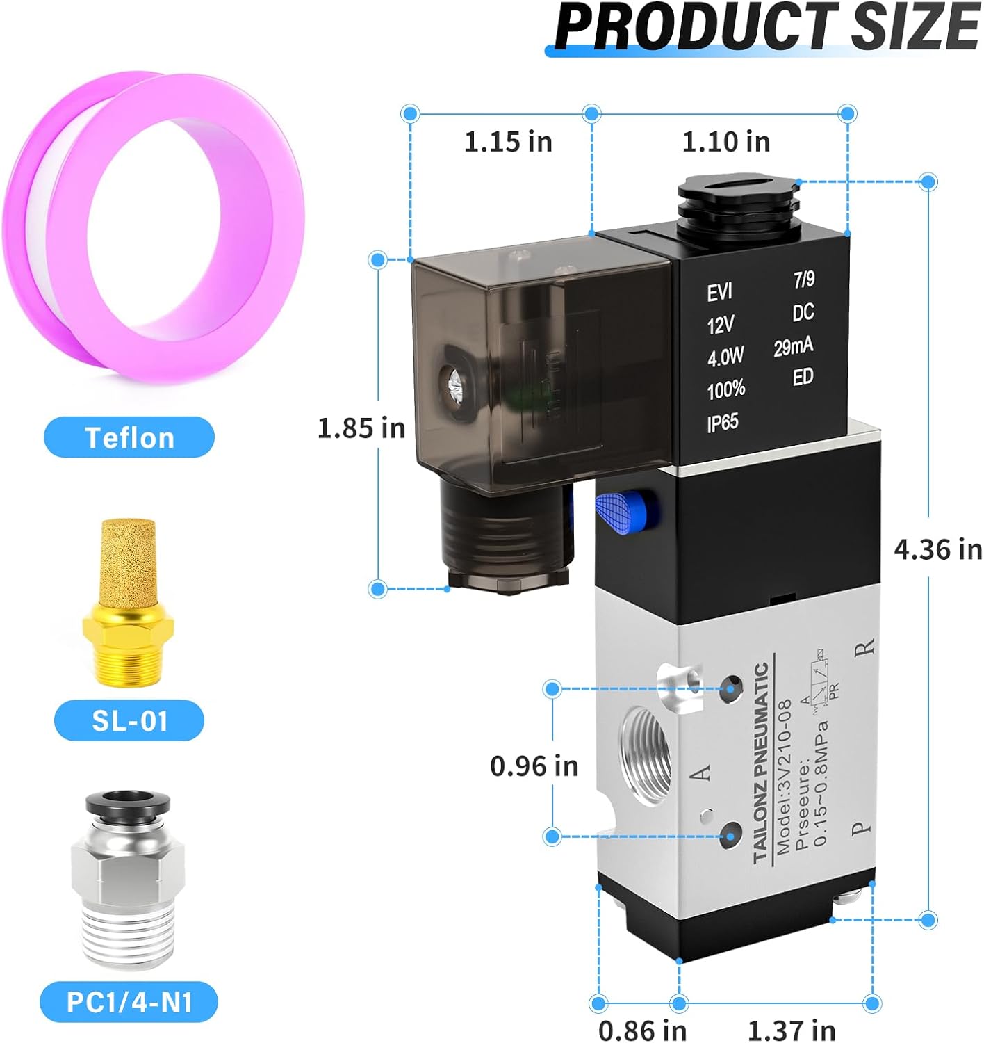 TAILONZ PNEUMATIC 1/4"NPT Solenoid Valve 3V210-08 DC12V Single Coil Pilot-Operated Electric 2 Position 3 Way Connection Type(Junction Box)