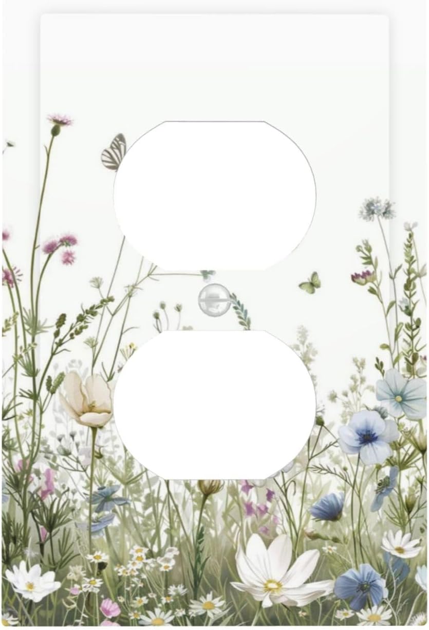 Colorful Wildflowers Daisy Plant Butterfly Floral Outlet Covers 1 Gang Duplex Light Switch Cover Decorative Switch Plates Electrical Receptacle Faceplate Wall Plate for Bed Room Living Room Decor