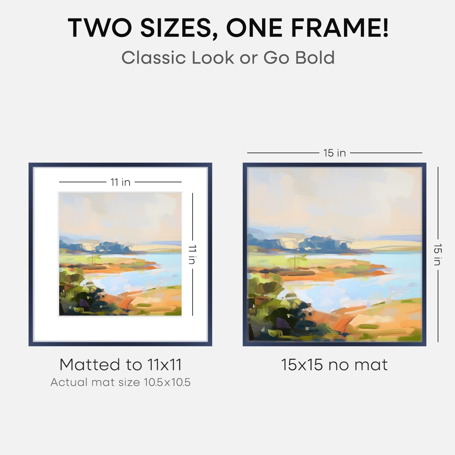 Homeforia 15x15 Picture Frame Navy Blue, High End Metal 15 x 15 Square Poster Frame with Mat 11 x 11 Photo, 15x15 Frame Matted to 11x11 Print, 15by15 Hanging Frames, Tempered Glass, Wall Kit, Set of 1