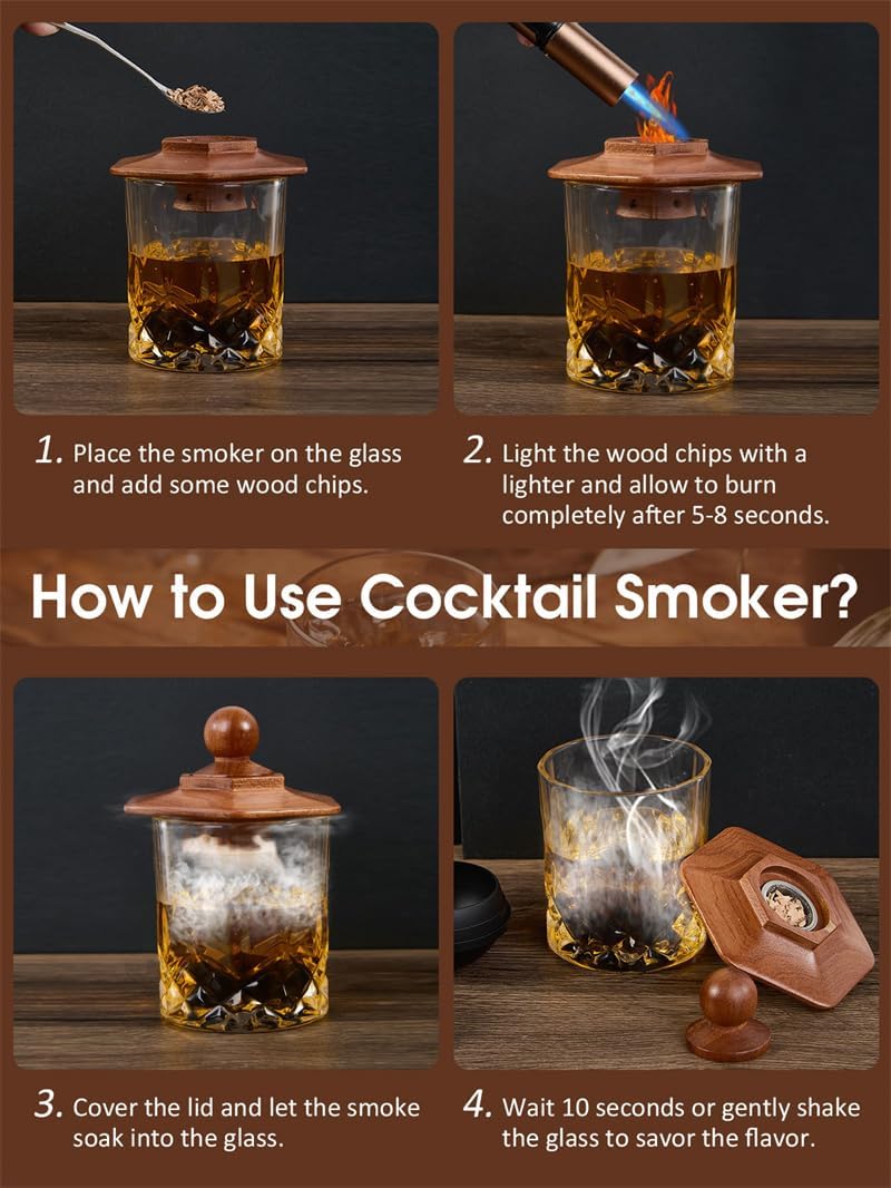 23Pcs Whiskey Smoker Kit with Torch-12 Wood Chips, Ice Ball Mold, Cocktail Smoker Infuser Kit, Old Fashioned Drink Smoker Kit, Birthday Bourbon Whiskey Gifts for Men,Dad,Him, Christmas