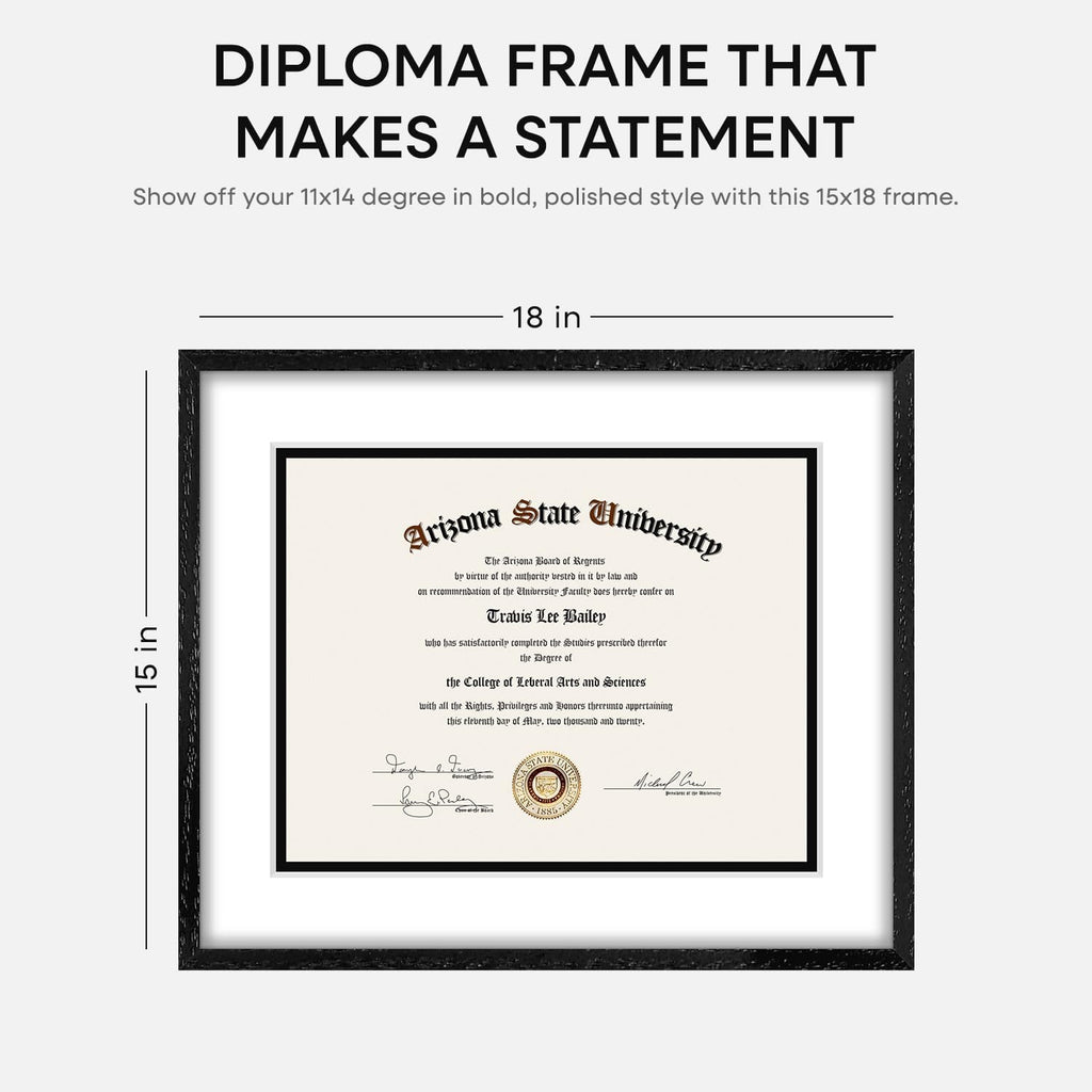 Homeforia 15x18 Diploma Black Wood Frame, High End Black Oak 15 x 18 Certificate Frames with Mat 11 x 14, 18x15 Document Frame Matted to 11x14, Degree Wooden Frames, Tempered Glass, Wall Kit, Set of 1