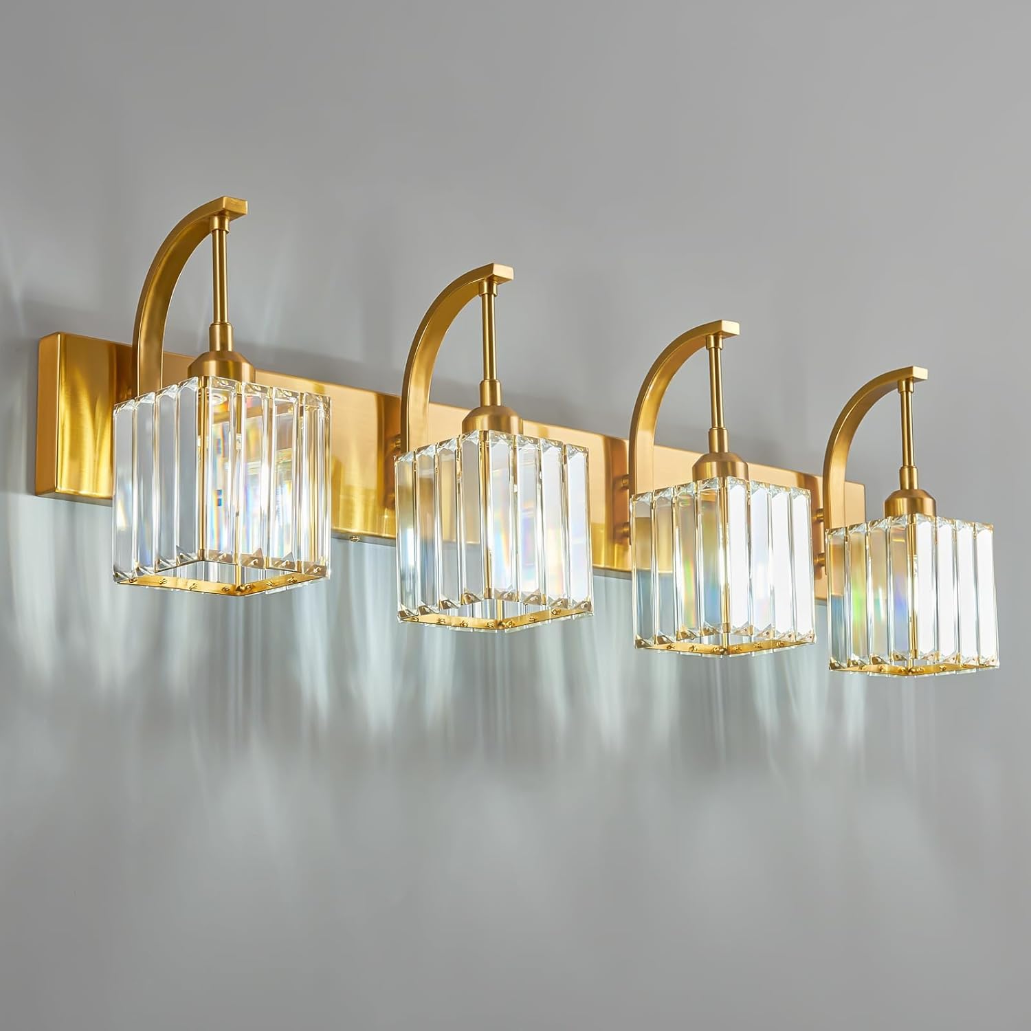 Crystal Vanity Lights 4-Light Gold Bathroom Vanity Lights Modern Crystal Bathroom Light Fixtures Over Mirror 32.67" Long Vanity Light for Bathroom