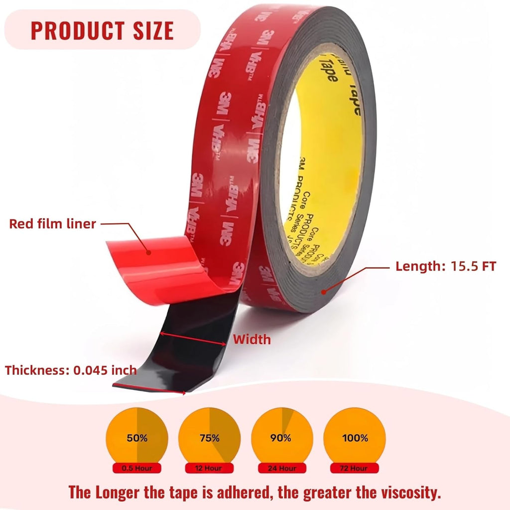 Double Sided Tape Heavy Duty, Adhesive Mounting Tape 1/2 in x 15.5 ft, Waterproof and Temperature Resistant Adhesive Strip Tape for Indoor, Outdoor, Automotive Trim, Home Decor