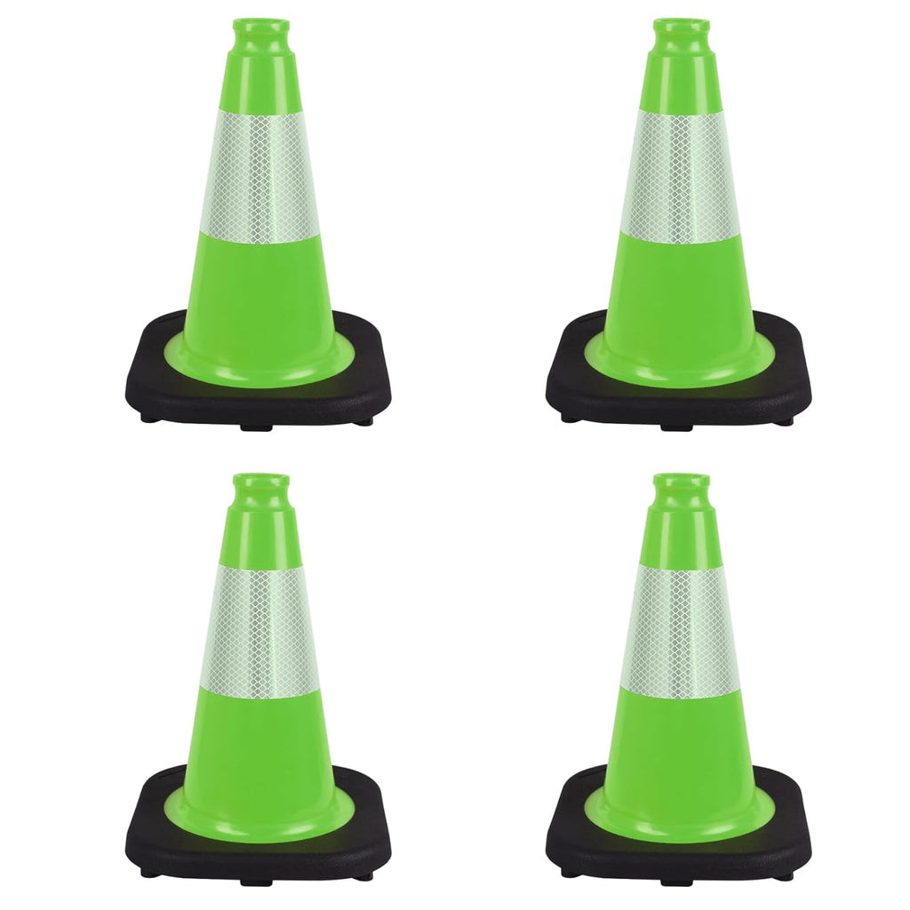 4 Pack 12 Inch Green PVC Traffic Cones Black Base Stable Durable, Sport Training Soccer Practice Kids Activities Markers Indoor Outdoor Use (4, Green, 12 Inch)