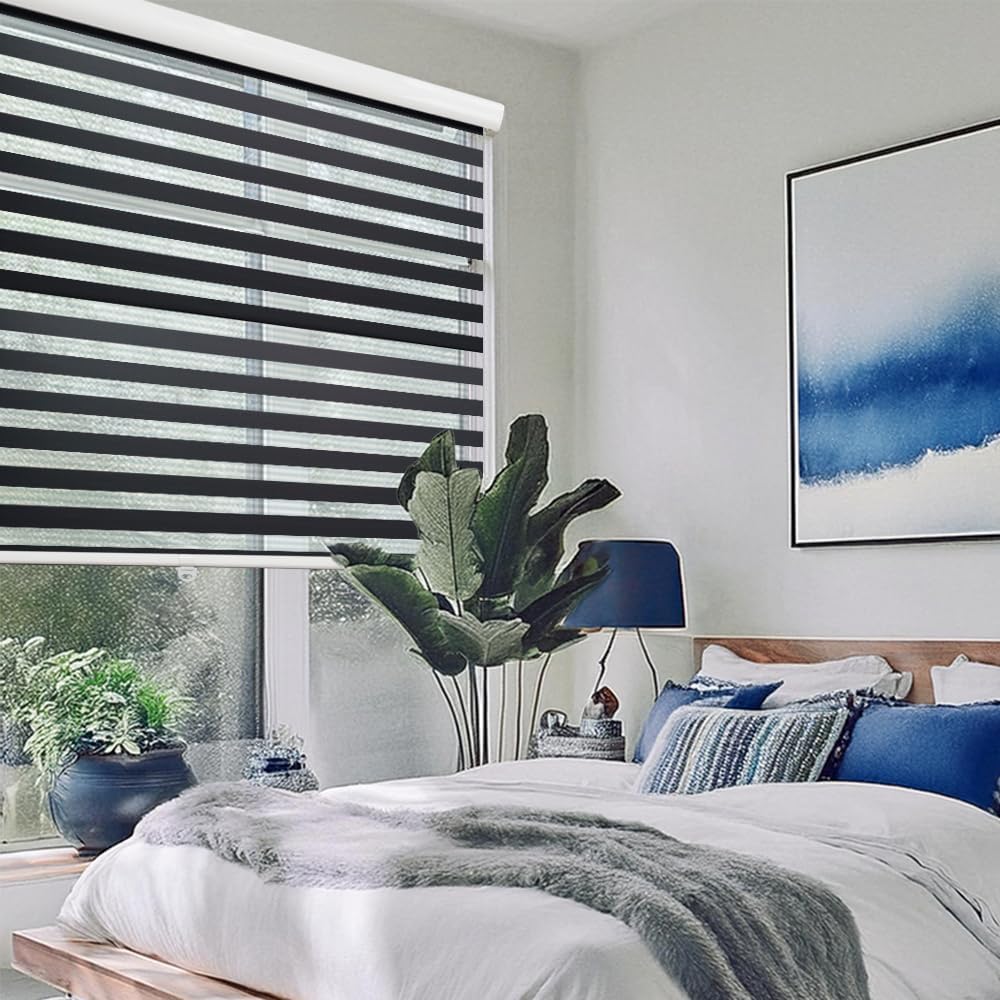 ShadesU Cordless Zebra Blinds – Light Filtering Dual-Layer Window Shades for Privacy (Black Color) (Maximum Height 72") (Width 21.5")