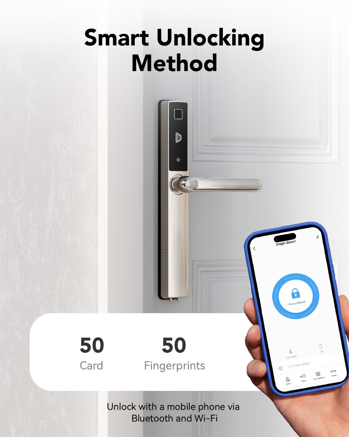 Electronic Smart Door Lock Fingerprint Door Lock with Keypad，Smart Lock for Front Door Children Proof IC Card, App Control & Mechanical Key 40–90mm Multipoint Locks(OS Frosted Silver)
