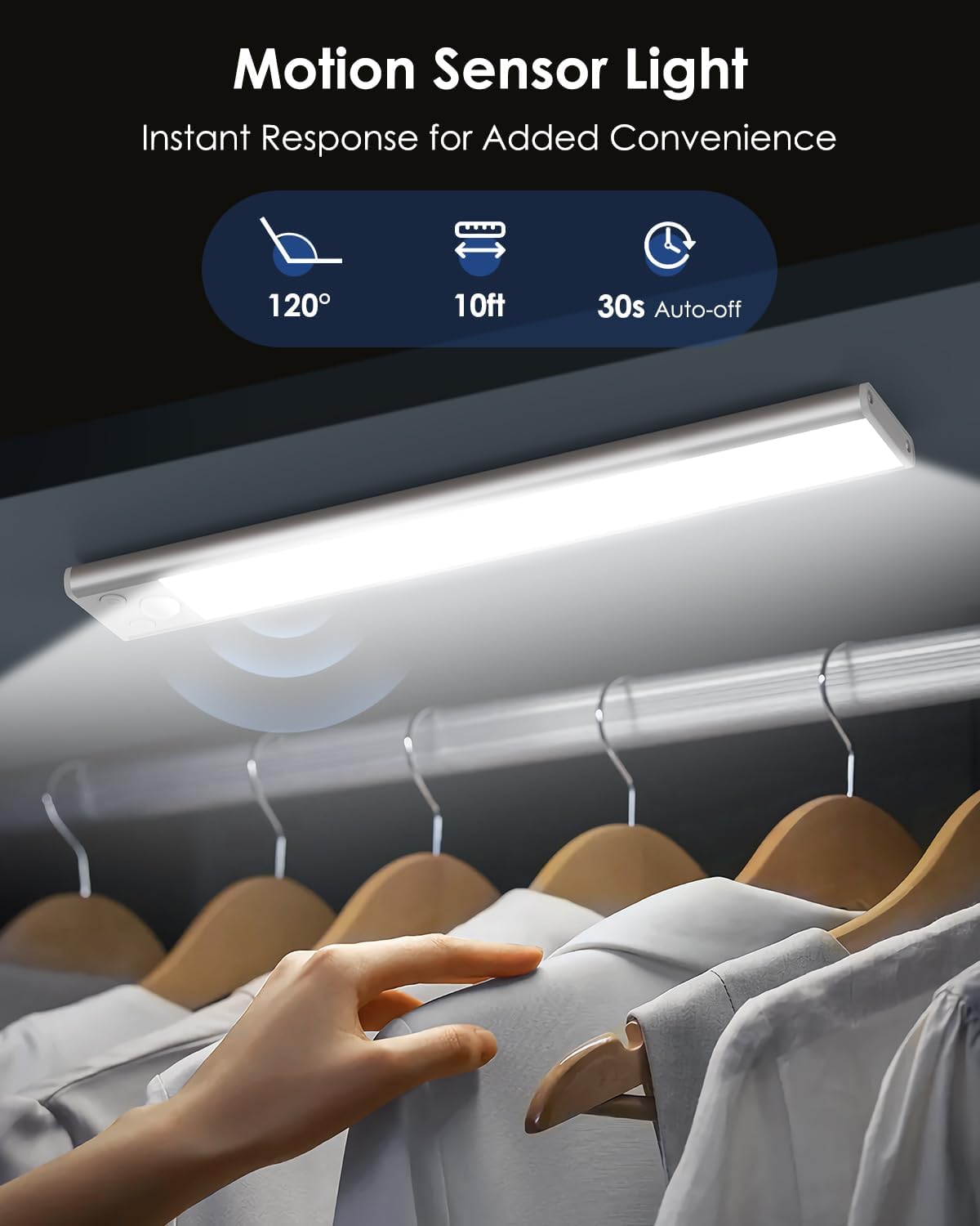 12in Under Cabinet Lighting Wireless, 2500mAh Rechargeable Motion Sensor Lights Indoor, Battery Operated Closet Lights with 3 Color Tempers 108 LED, Dimmable Cabinet Lights for Kitchen Hallway, 5 Pack
