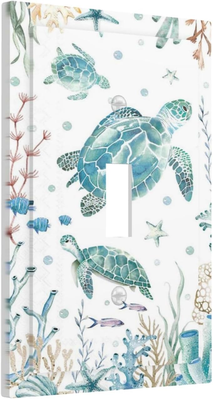 Sea Turtle Ocean Starfish Fish Coral Pearl Decorative Light Switch Cover 1 Gang Single Toggle Device Electrical Faceplate Switchplates Decorator Outlet Wall Plate for Bathroom Kids Room Decor