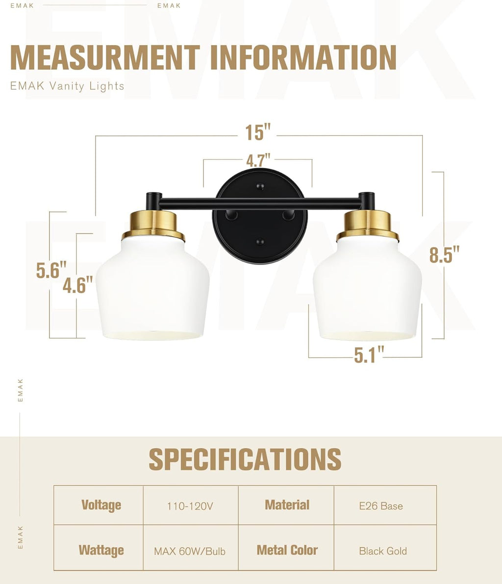 Emak Black and Gold Bathroom Light Fixtures Over Mirror, 2-Light Bathroom Vanity Light with Milk Glass Shade, Modern Farmhouse Vanity Lights for Bath,Mirror, VL122-BKBGD-ML-2