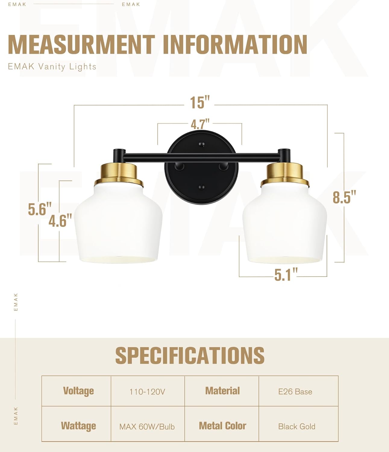 Emak Black and Gold Bathroom Light Fixtures Over Mirror, 2-Light Bathroom Vanity Light with Milk Glass Shade, Modern Farmhouse Vanity Lights for Bath,Mirror, VL122-BKBGD-ML-2