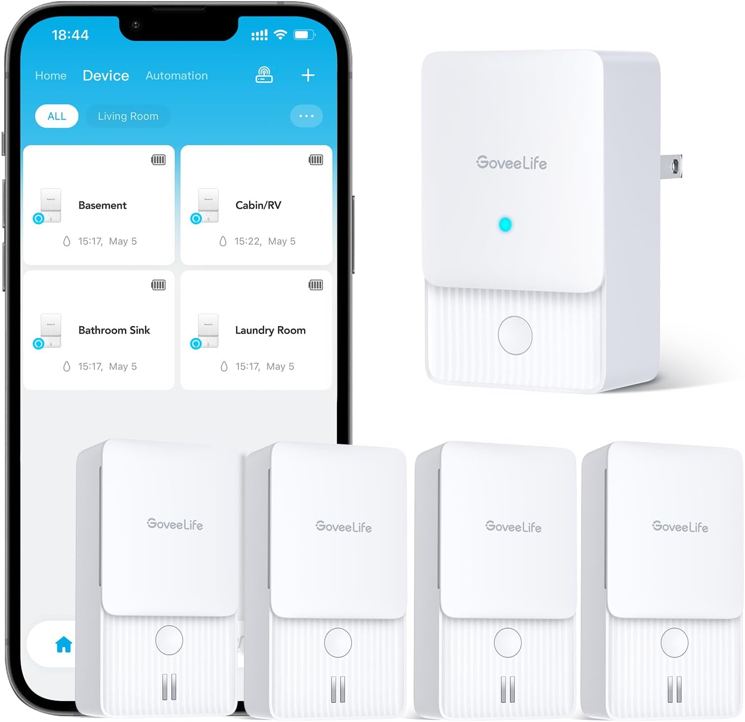 GoveeLife Premium Smart Water Leak Detector 2 with 1968ft Ultra-Long Range, WiFi Water Sensor with SMS/Email/APP Push and Sound Alarm, 5-Year Battery Life, Suitable for Home, Basement, Kitchen, 4 Pack