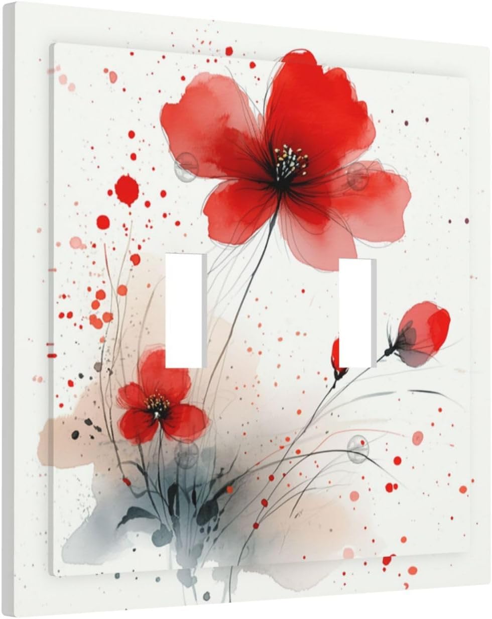 Vintage Watercolor Red Flowers Floral Decorative Switch Plates 2 Gang Double Toggle Outlet Light Switch Cover Wall Plate Electrical Faceplate for Bedroom Bathroom Decor