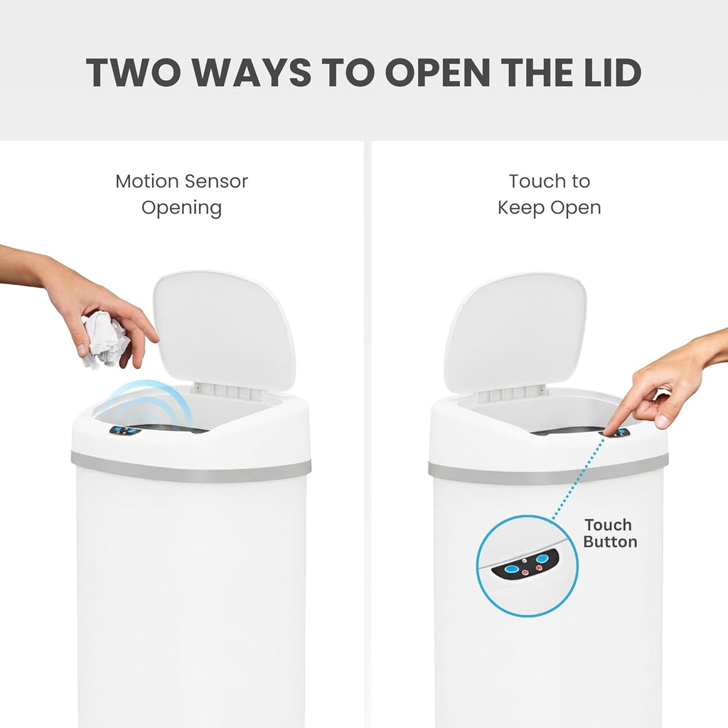 SensorCan 13 Gallon Automatic Sensor Trash Can with Lid, AC Adapter Included, AbsorbX Odor Control, Chalk White Stainless Steel Kitchen Garbage Bin, Fingerprint-Proof, Hands-Free Operation, Oval