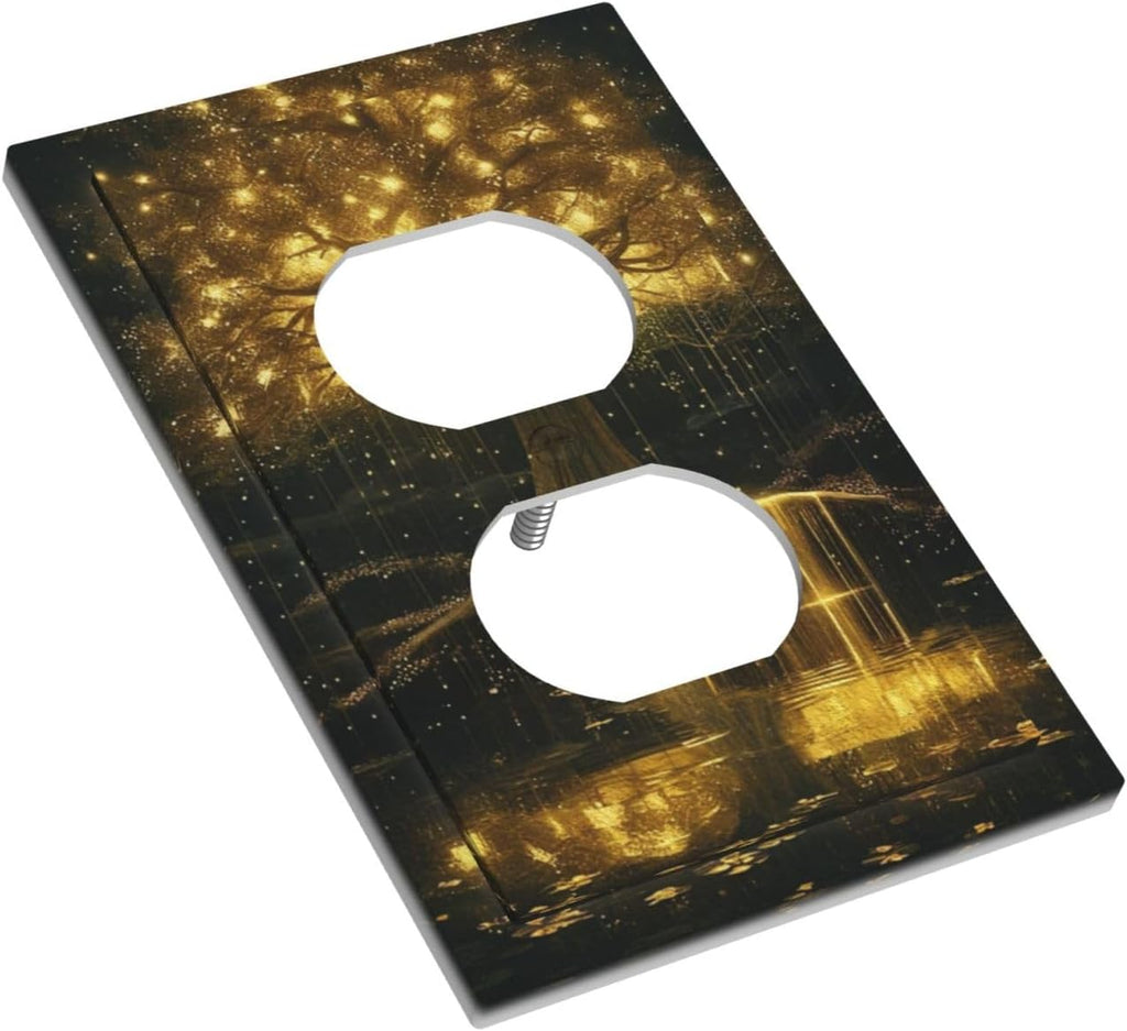 Decorative Outlet Covers Golden Shining Fantasy Kabbalah Tree of Life 1 Gang Duplex Light Switch Cover Plate Unique Wall Plate Electrical Switch Plate Covers for Bedroom Home Decor