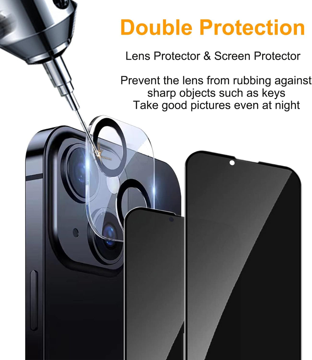 PEHAEL 2+2Pack for iPhone 14 Plus Privacy Screen Protector with Camera Lens Protector Full Coverage Anti-Spy Tempered Glass Film 9H Hardness Easy Installation Bubble Free [6.7 inch]
