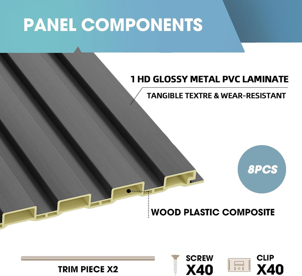 OUZUGIE WPC Acoustic Slat Wall Paneling, 8-Pack 114 x 6 Inches 3D Wall Panels for Interior Wall Decor,Living Room,TV Background,Study Room,Office Spaces,Bedroom,Low Grille (Metallic Dark Gray)