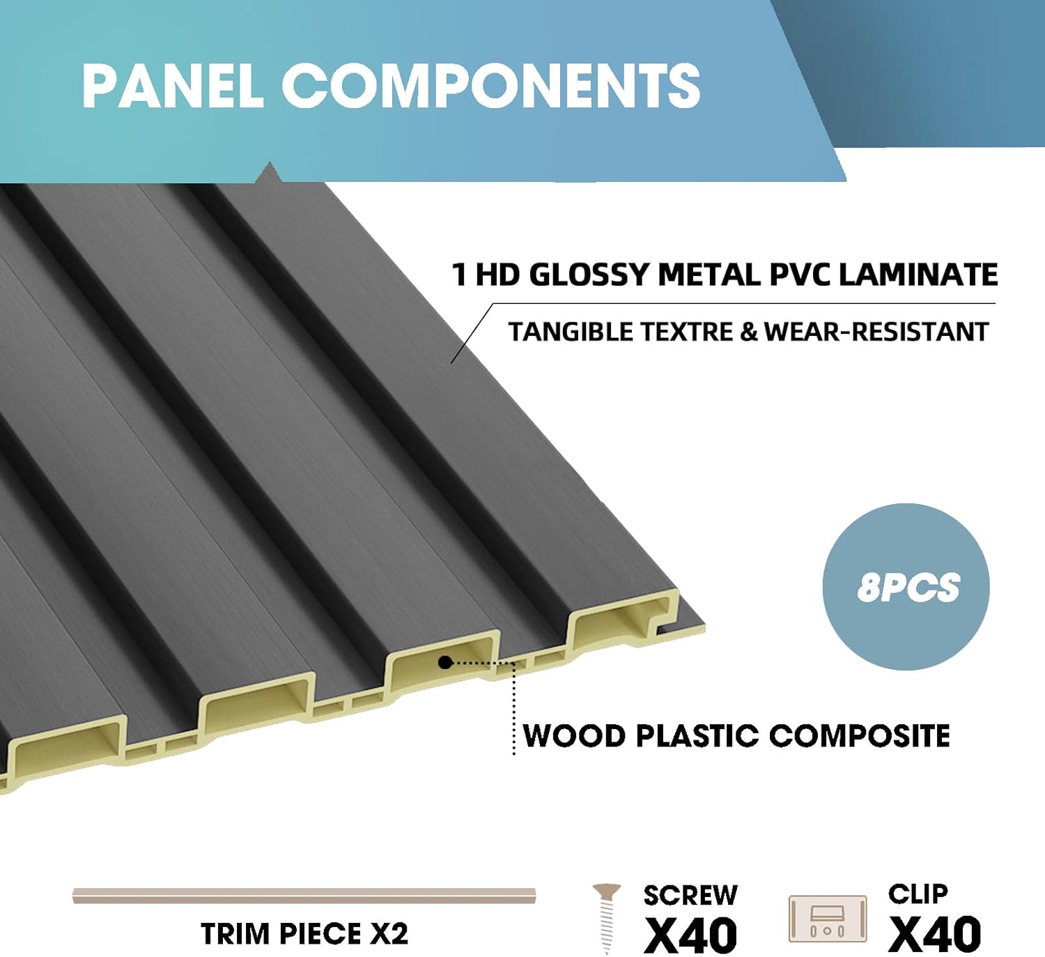 OUZUGIE WPC Acoustic Slat Wall Paneling, 8-Pack 114 x 6 Inches 3D Wall Panels for Interior Wall Decor,Living Room,TV Background,Study Room,Office Spaces,Bedroom,Low Grille (Metallic Dark Gray)