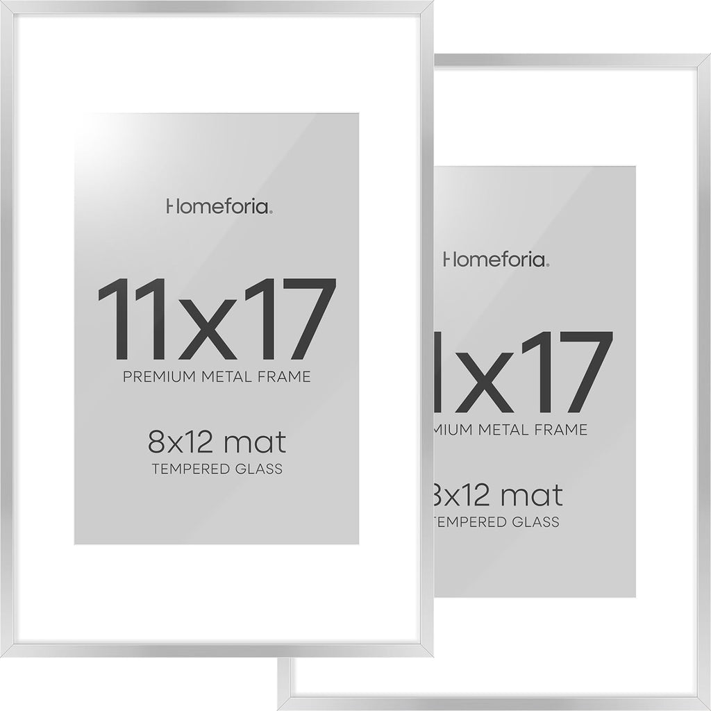 Homeforia 11 x 17 Frame Silver, High End Metal 11x17 Picture Frames with Mat 8x12 for Photo, 11 x 17 Silver Poster Frame Matted to 8 x 12 Print, 17x11 Hanging Frame, Tempered Glass, Wall Kit, Set of 2