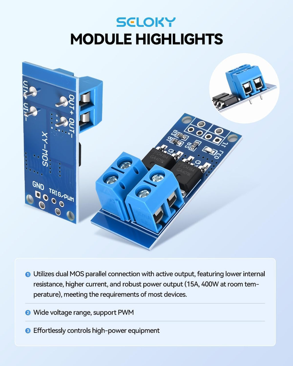 Dual High-Power MOSFET Trigger Switch Drive Module 0-20KHz PWM Adjustment Electronic Switch Control Board Motor Speed Controller Lamp Brightness Control, DC 5V-36V 400W, 15A (Max 30A) (30PCS)